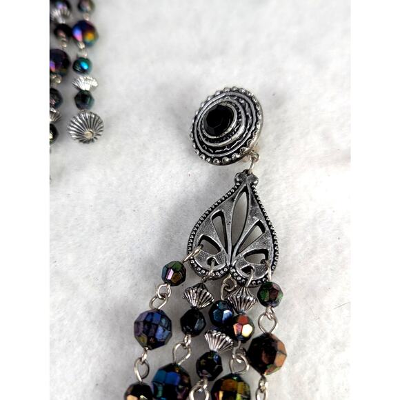 Vtge 70'sShoulder duster earrings 7" Black Aurora  bicone beads Width 7/8" EVC - Picture 7 of 7